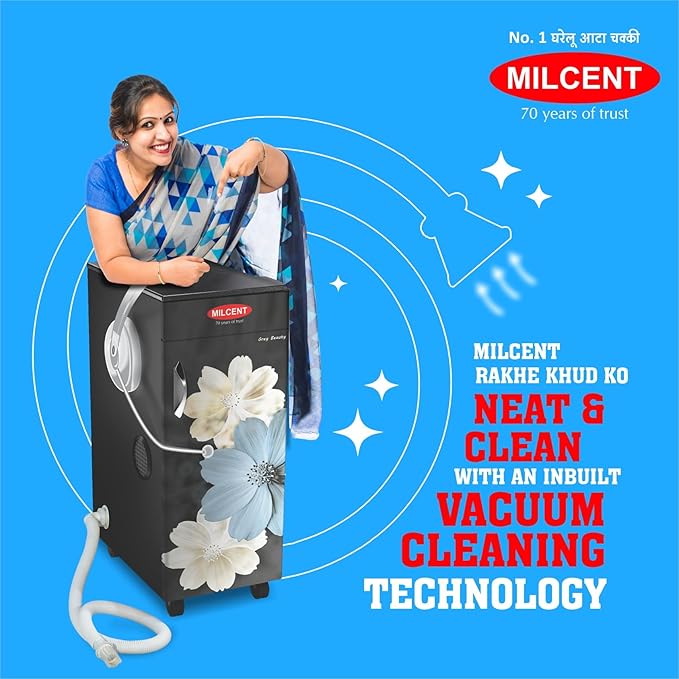 MILCENT Smart Plus Talky & Vacuum | Fully Automatic Domestic Flour Mill Machine | Atta Maker | 8 kg Grinding Capacity | Super 6 Blade SS Cutter| 10 Years Motor Warranty