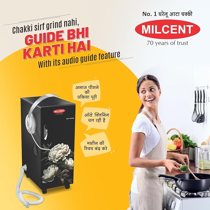 MILCENT Smart Plus Talky & Vacuum | Fully Automatic Domestic Flour Mill Machine | Atta Maker | 8 kg Grinding Capacity | Super 6 Blade SS Cutter| 10 Years Motor Warranty