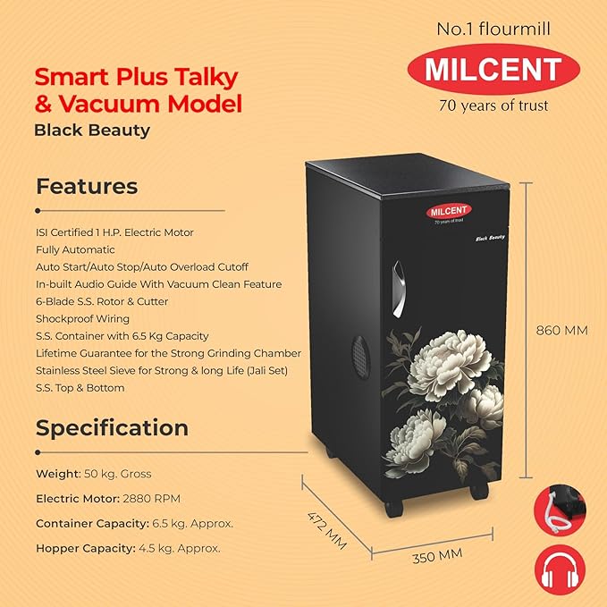 MILCENT Smart Plus Talky & Vacuum | Fully Automatic Domestic Flour Mill Machine | Atta Maker | 8 kg Grinding Capacity | Super 6 Blade SS Cutter| 10 Years Motor Warranty
